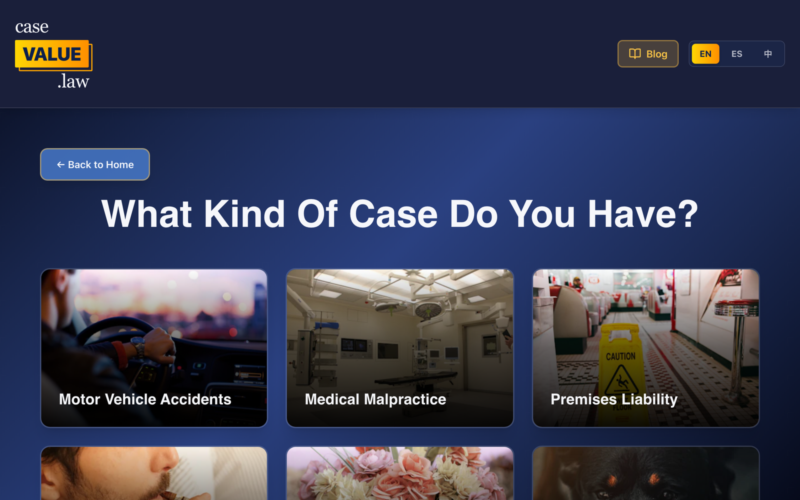 Case Value Calculator on casevalue.law showing the first step: a 'What Kind Of Case Do You Have?' prompt with case-type selection cards including Motor Vehicle Accidents, Medical Malpractice, and Premises Liability.